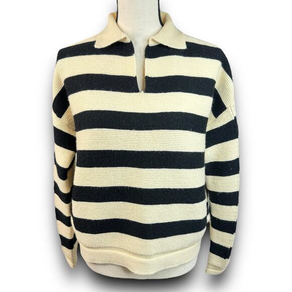 Avantlook Collared Striped Sweater Pullover Style Long Sleeve Cream Black Small - Picture 1 of 8